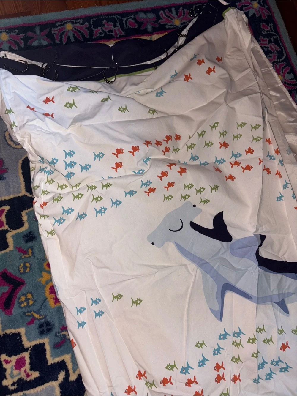 Pottery Barn Kids Blue Shark Shower Curtain with Multicolor Fish liner hooks set
